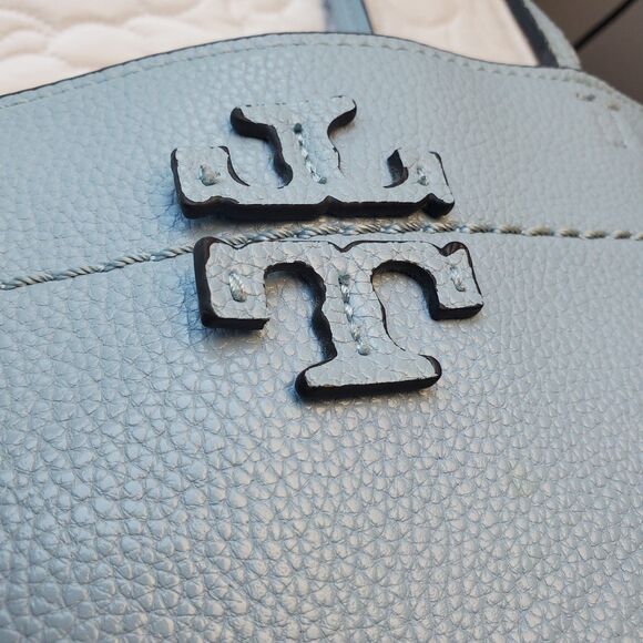 Tory Burch McGraw Tote Pebbled Leather Shoulder Bag Blue $495 Fraying Handle - Picture 4 of 16